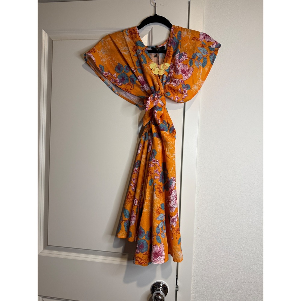 AGQT Women Orange Floral Tie Front Cutout Romper Summer Dress Silhouette Large
